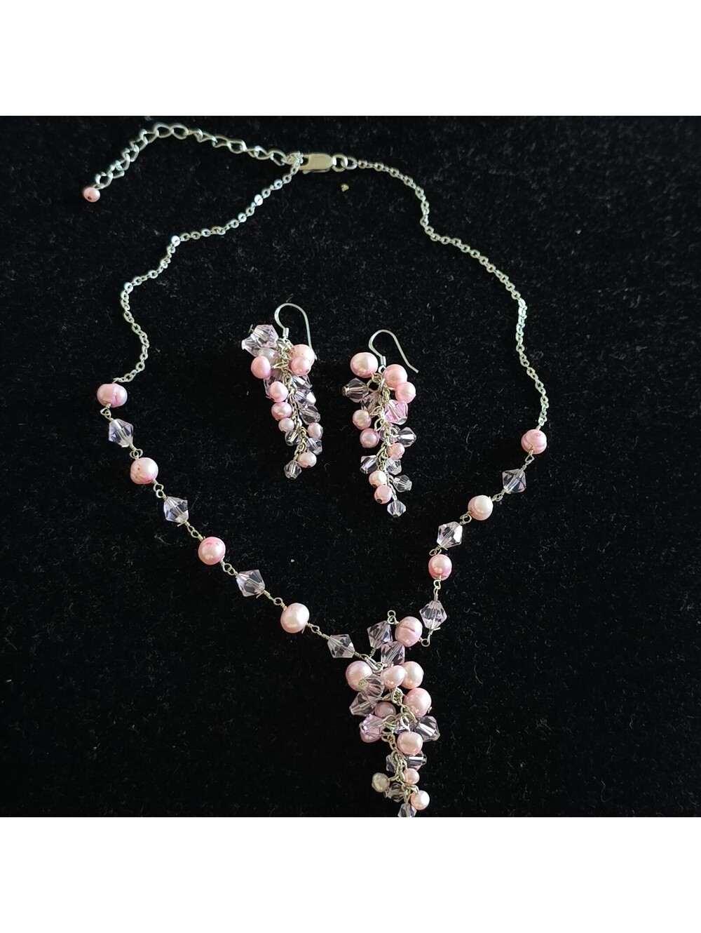 925 sterling silver set of Necklace and earrings with pearl & pink stone